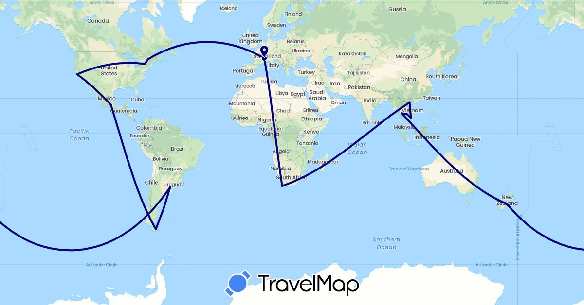 TravelMap itinerary: driving in Argentina, Australia, Canada, France, Cambodia, Mexico, New Zealand, Thailand, United States, Vietnam, South Africa (Africa, Asia, Europe, North America, Oceania, South America)